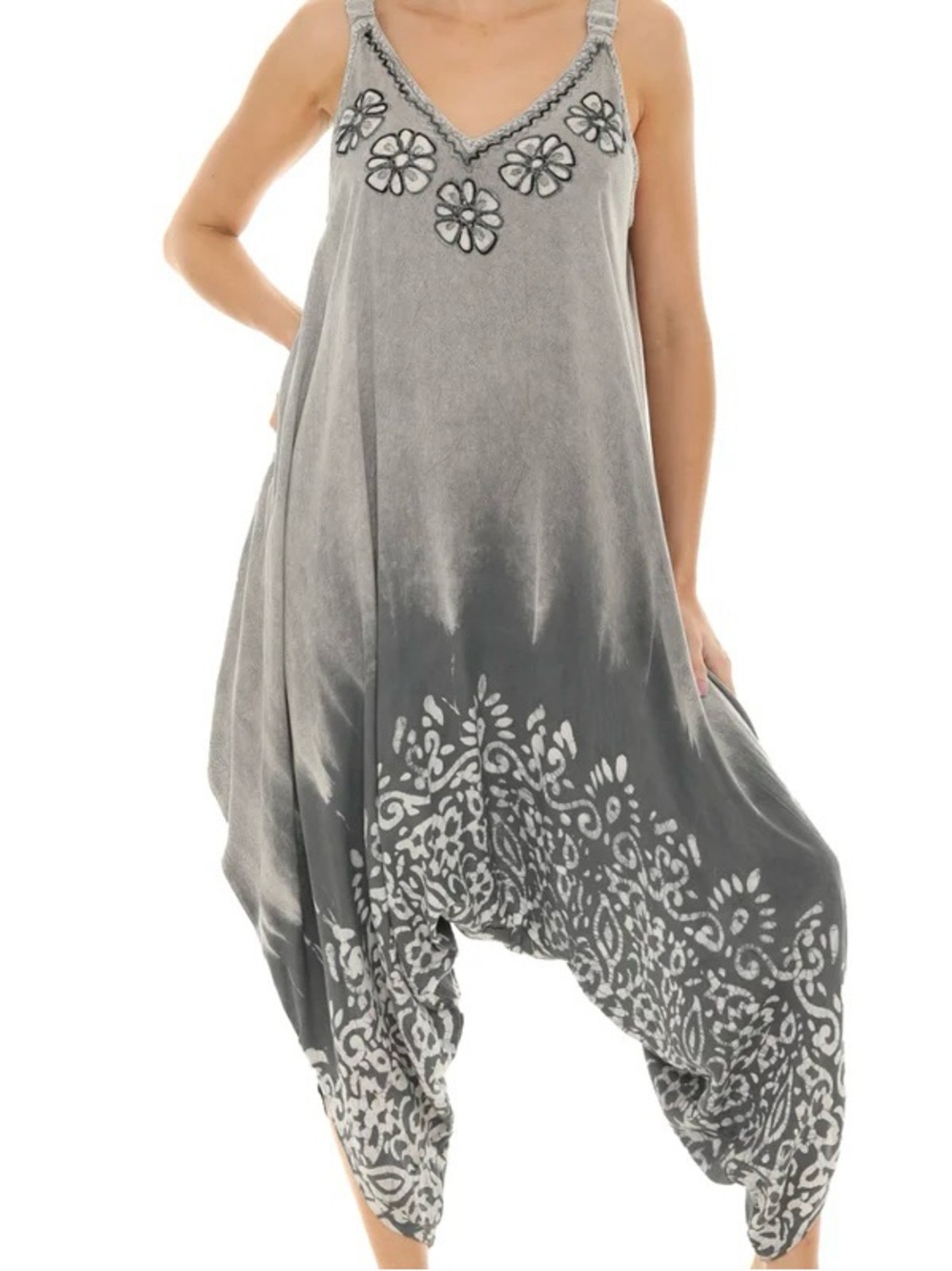 Shoreline Tie-Dye Sleeveless Harem Jumpsuit Womens L/XL Gray Ombre Bohemian